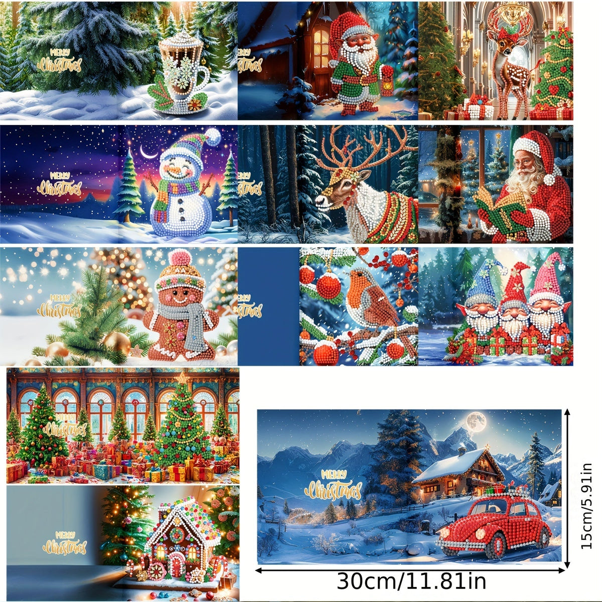 Neela | Kit de Cartões de Natal com Diamond Painting | 12 Unidades, Pai Natal e Animais | DIY Criativo