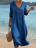 Nina | Vestido Feminino Decote V Manga Curta com Bolsos