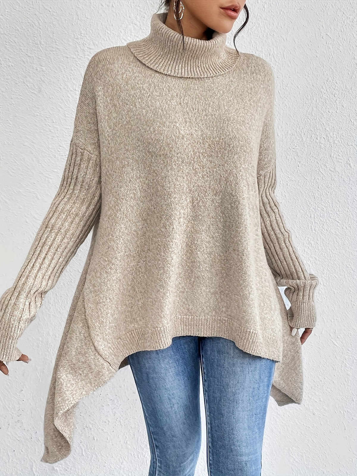 Mulher Camisola Tricot Gola Alta Assimétrica