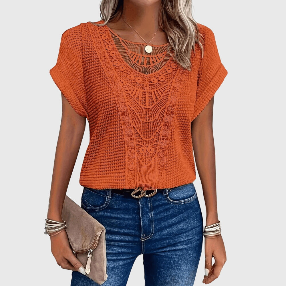 Nova | Blusa Feminina Meia Malha Rendada Decote Redondo