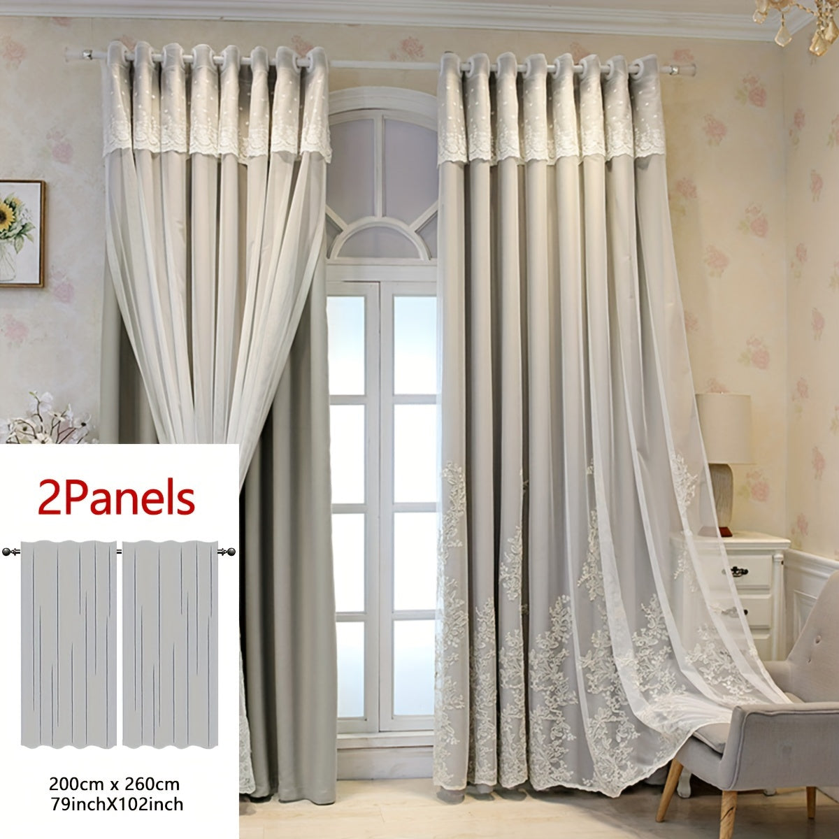 Reva | Cortinas Bordadas Fadas | Filtragem de Luz, Conjunto 2 Painéis | 100% Poliéster, Argolas