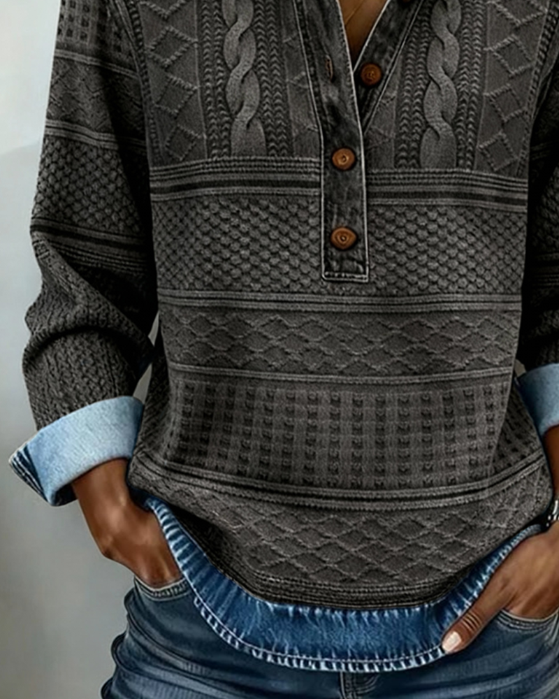 Juno | Sweatshirt Mulher Gola Denim Meia Abertura Textura Trançada