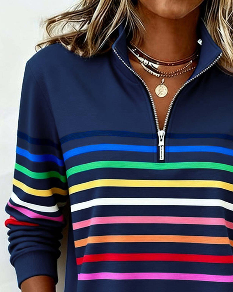 Pullover Feminino | Listrado, Gola com Zíper | Estilo Casual