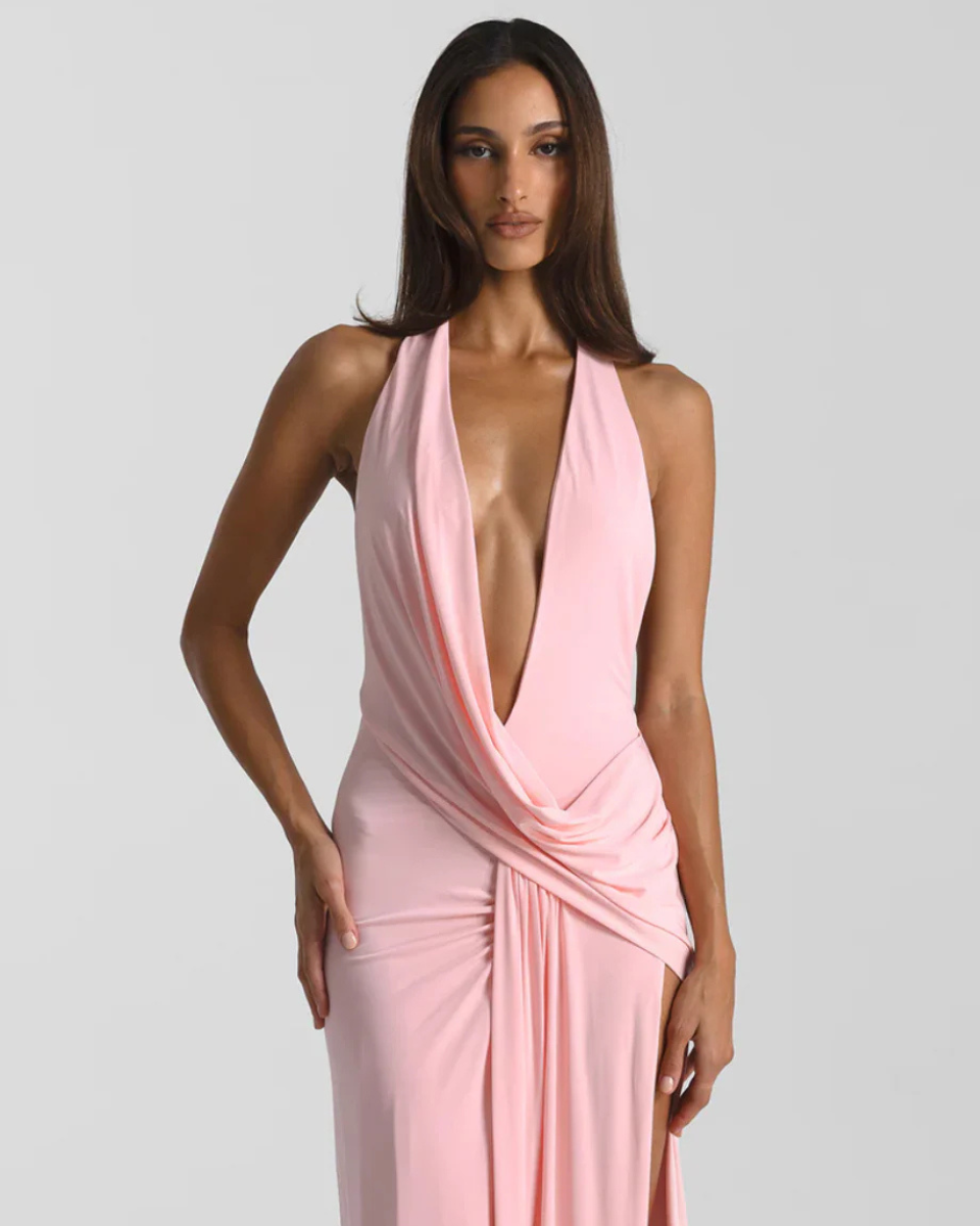 Luna | Vestido Maxi Halter Decote Costas Abertas Fenda Lateral