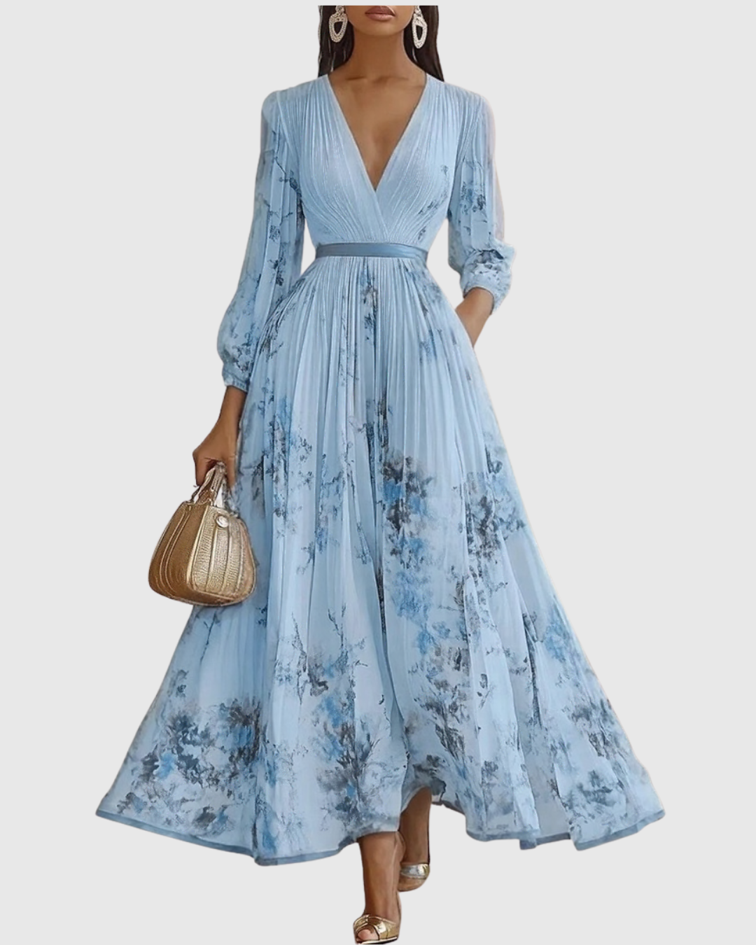 Xena | Vestido Maxi Floral Manga Longa Decote V Plissado com Laço