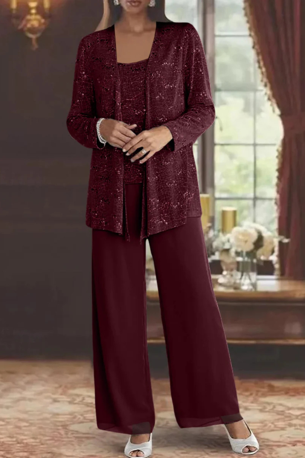 Lux | Mulher Conjunto 3 Peças Renda Lantejoulas Calça Perna Larga
