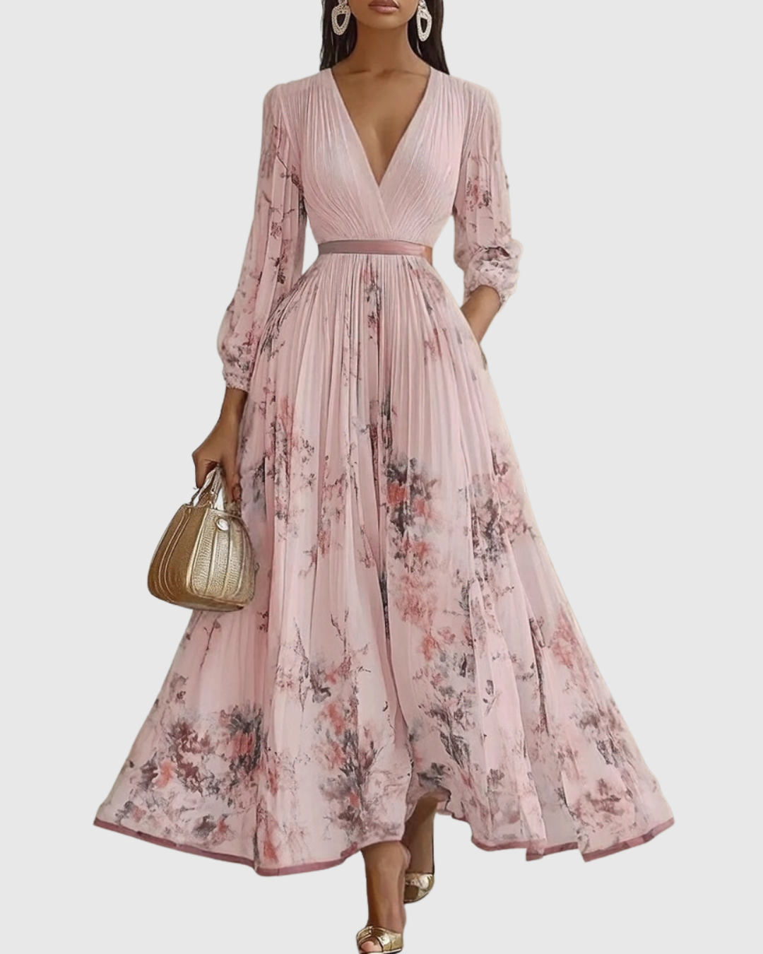 Xena | Vestido Maxi Floral Manga Longa Decote V Plissado com Laço