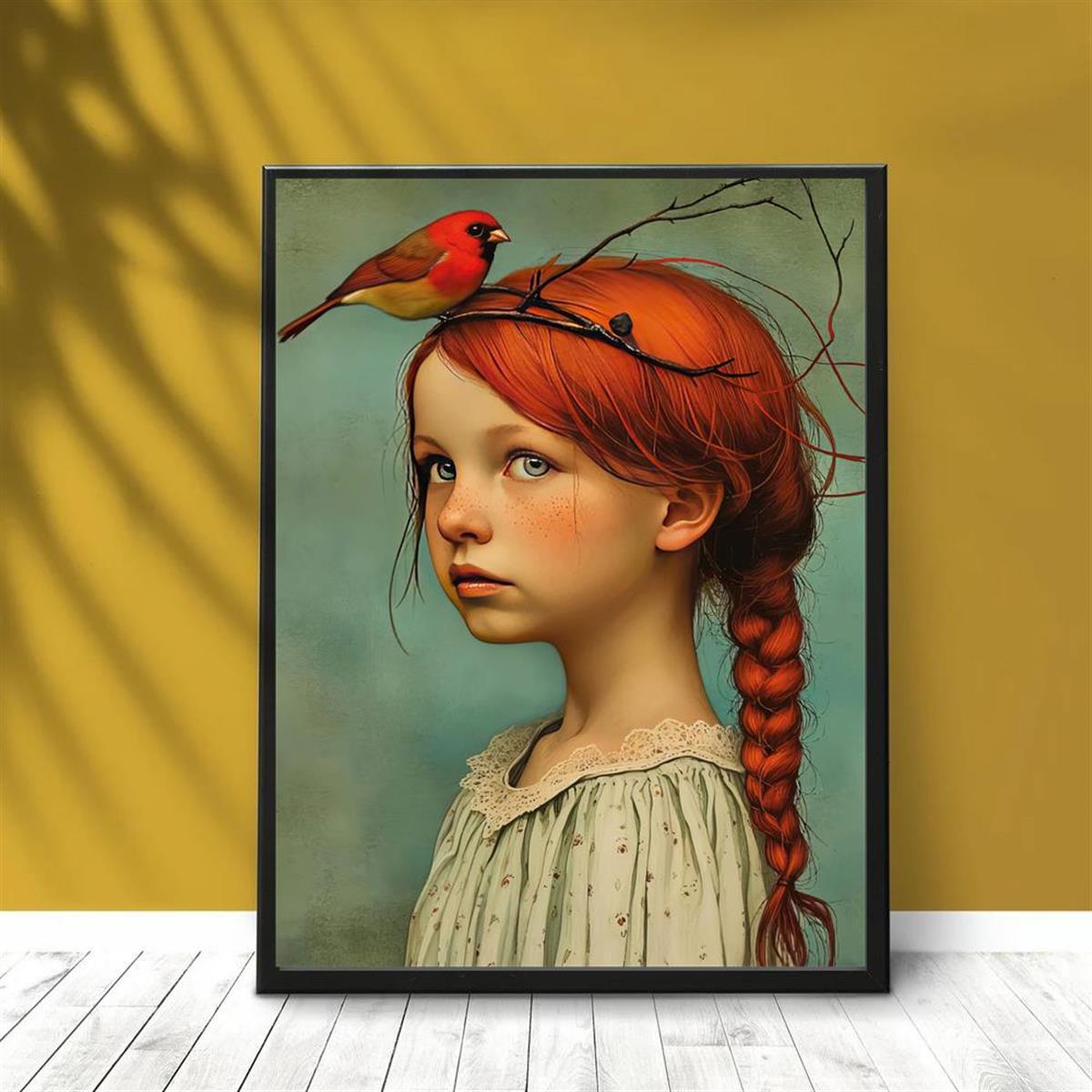 Bexcellent | Poster Canvas Art Deco | Retrato Rapariga e Cardeal | Sem Moldura, Decoração