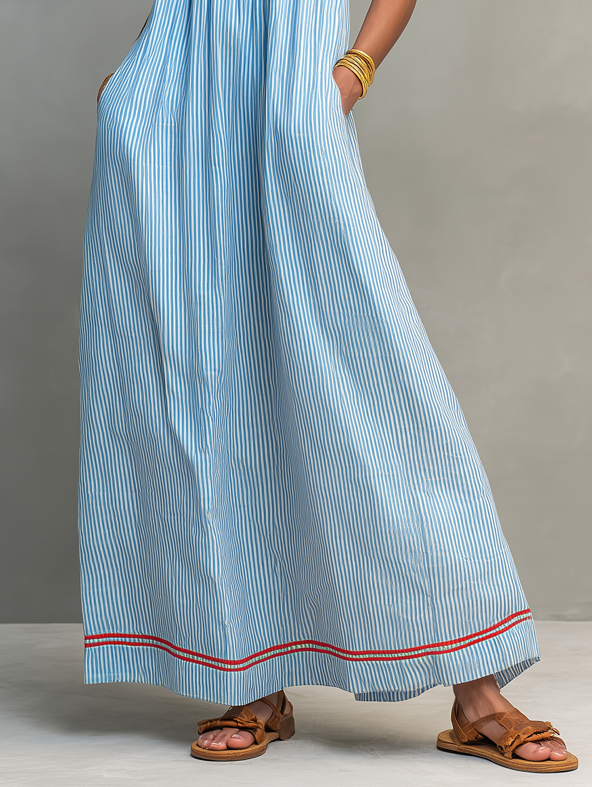 Ondina | Vestido Maxi Feminino Riscas com Alças Finas