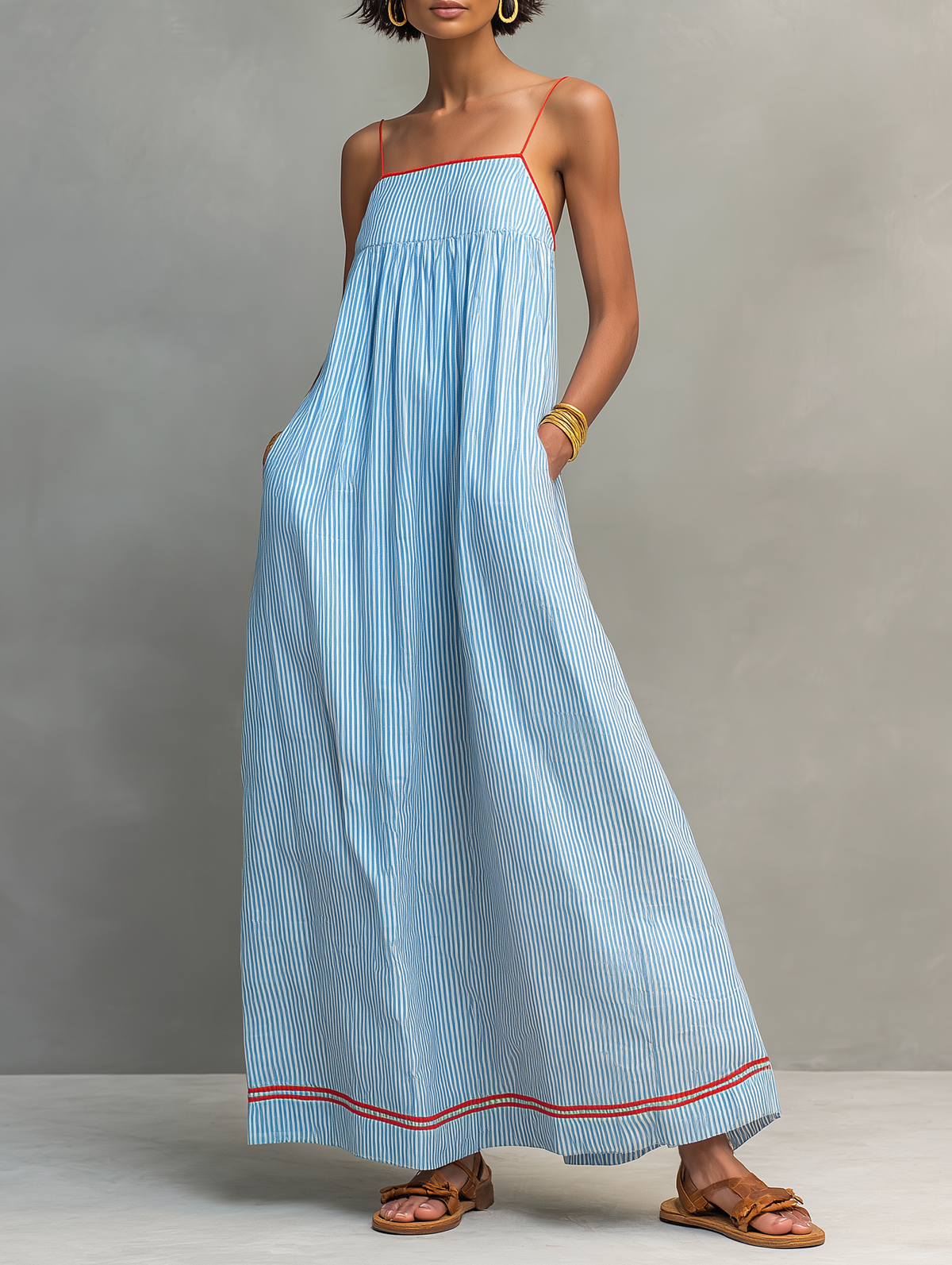 Liora | Vestido Longo Feminino Listrado Alças Finas Minimalista