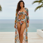 Biquíni Feminino - Floral 3 Peças com Kimono Praia e Piscina