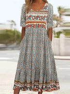 Ottoline | Vestido Midi Feminino Estampado Boho Decote Quadrado Manga Curta