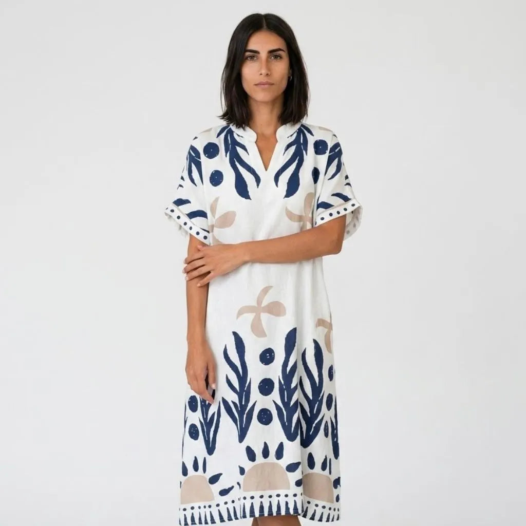 Vestido midi túnica | Corte amplo, linho branco | Conforto elegante