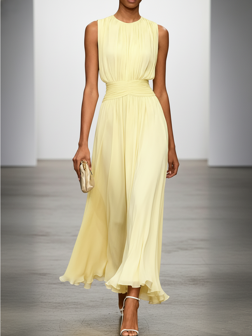 Vestido Longo em Chiffon Franzido Mulher