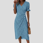 Talia | Vestido Midi Floral Feminino Decote V Mangas Bufantes