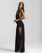 Luna | Vestido Maxi Halter Decote Costas Abertas Fenda Lateral