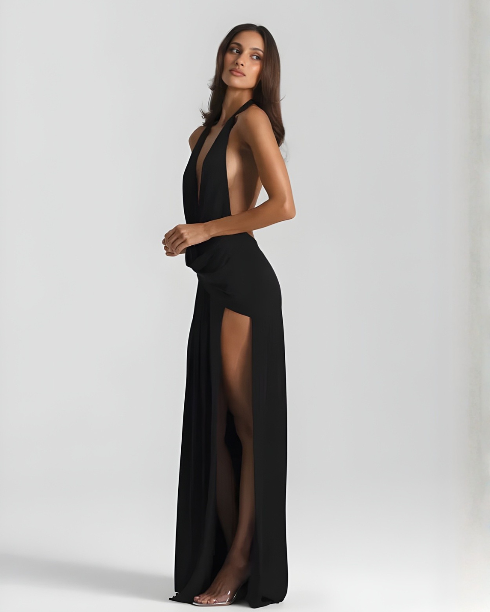 Luna | Vestido Maxi Halter Decote Costas Abertas Fenda Lateral