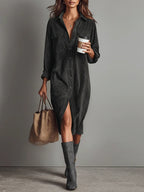 Clea | Vestido Midi Feminino Veludo Cotelê Bolsos no Peito