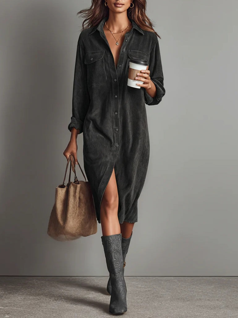 Clea | Vestido Midi Feminino Veludo Cotelê Bolsos no Peito