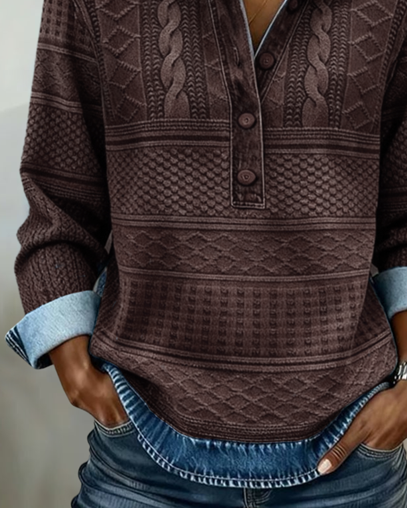 Juno | Sweatshirt Mulher Gola Denim Meia Abertura Textura Trançada