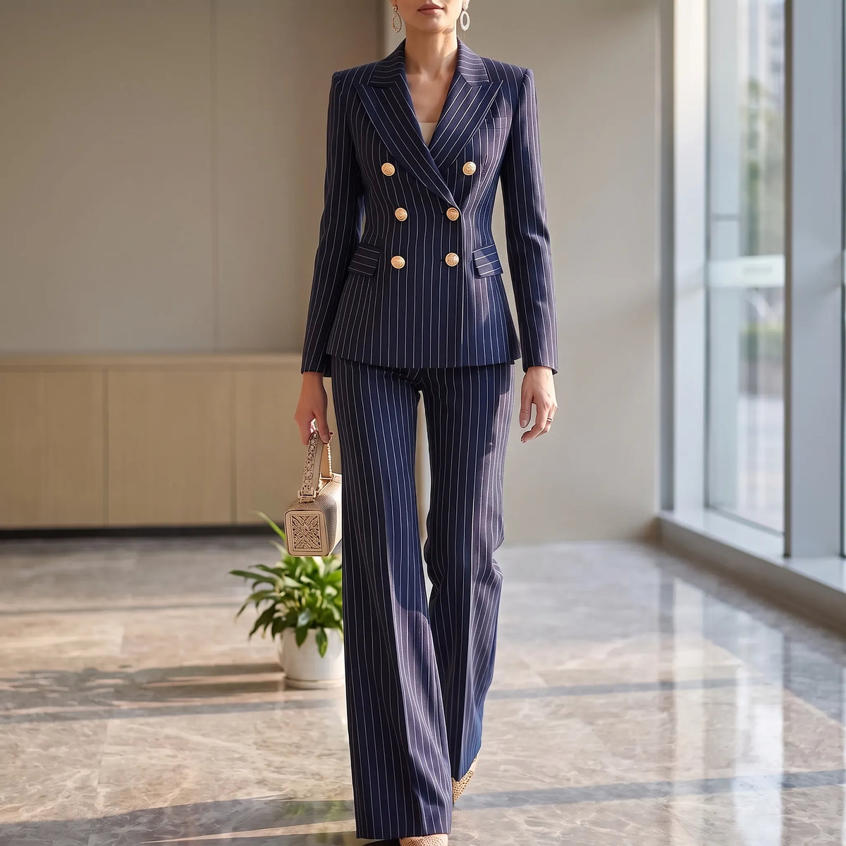 Iris | Fato Pantalona Feminino 2 Peças | Riscas, Cintura Alta | Blazer e Calça