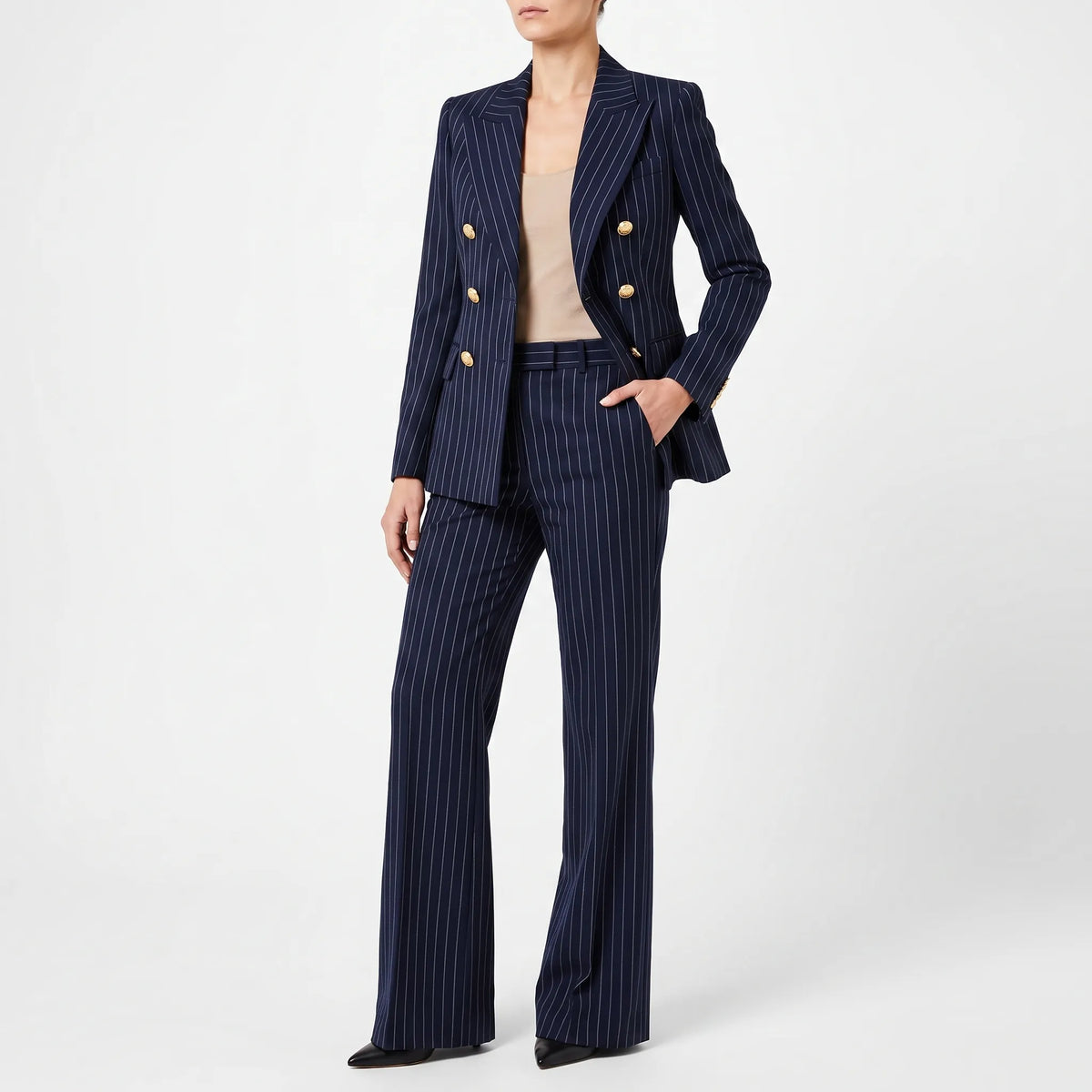 Iris | Fato Pantalona Feminino 2 Peças | Riscas, Cintura Alta | Blazer e Calça