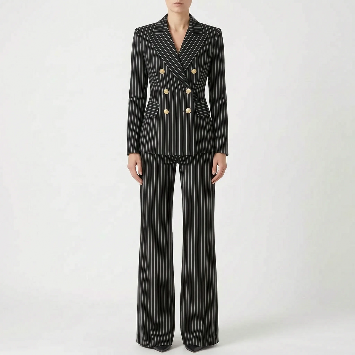 Iris | Fato Pantalona Feminino 2 Peças | Riscas, Cintura Alta | Blazer e Calça