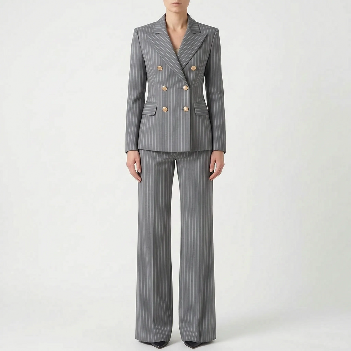 Iris | Fato Pantalona Feminino 2 Peças | Riscas, Cintura Alta | Blazer e Calça