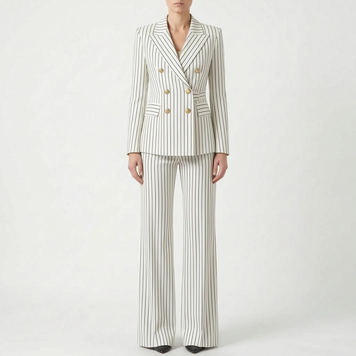 Iris | Fato Pantalona Feminino 2 Peças | Riscas, Cintura Alta | Blazer e Calça