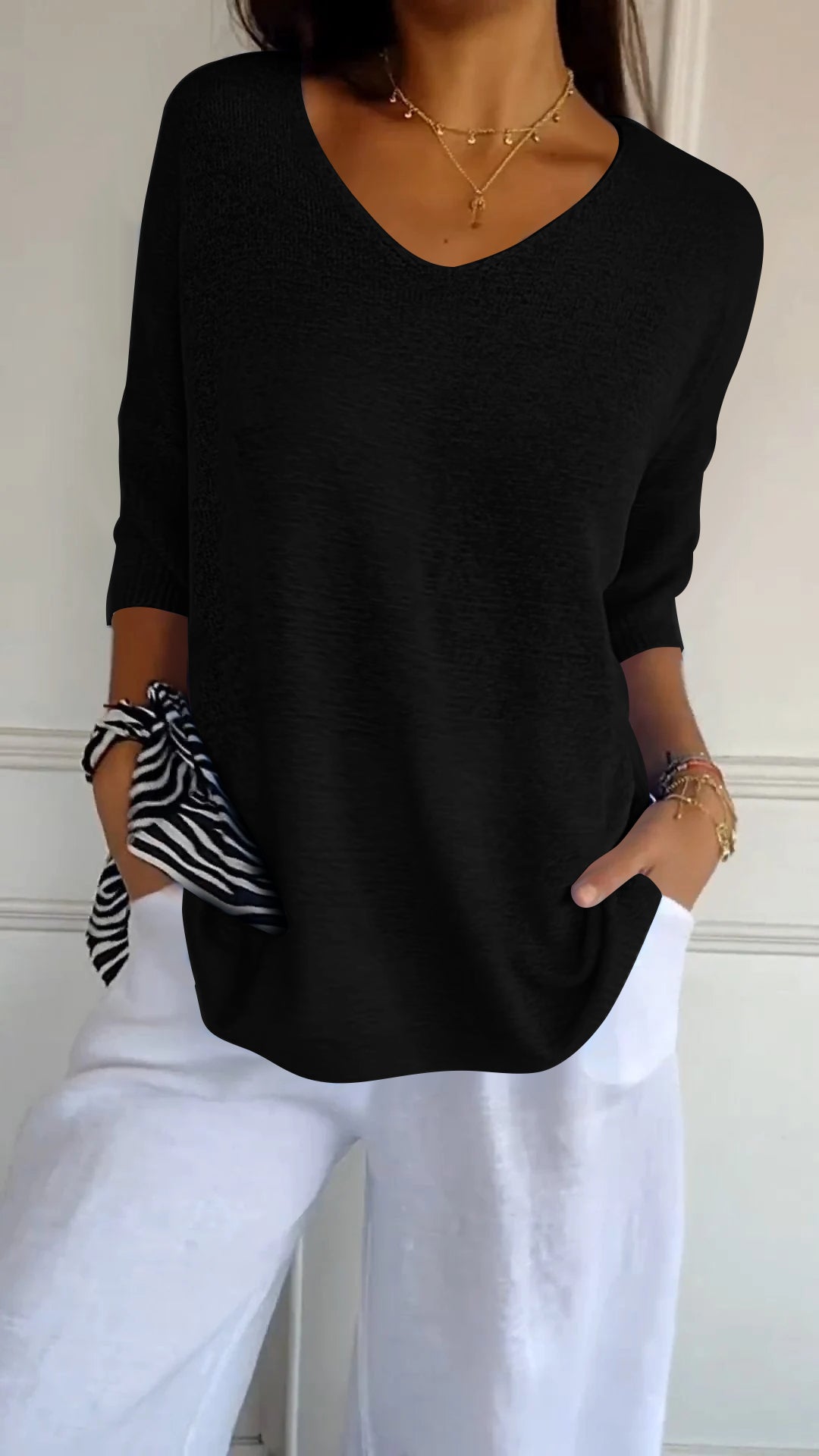 Top de Tricot Mulher | Decote V | Manga Longa, Estilo Casual