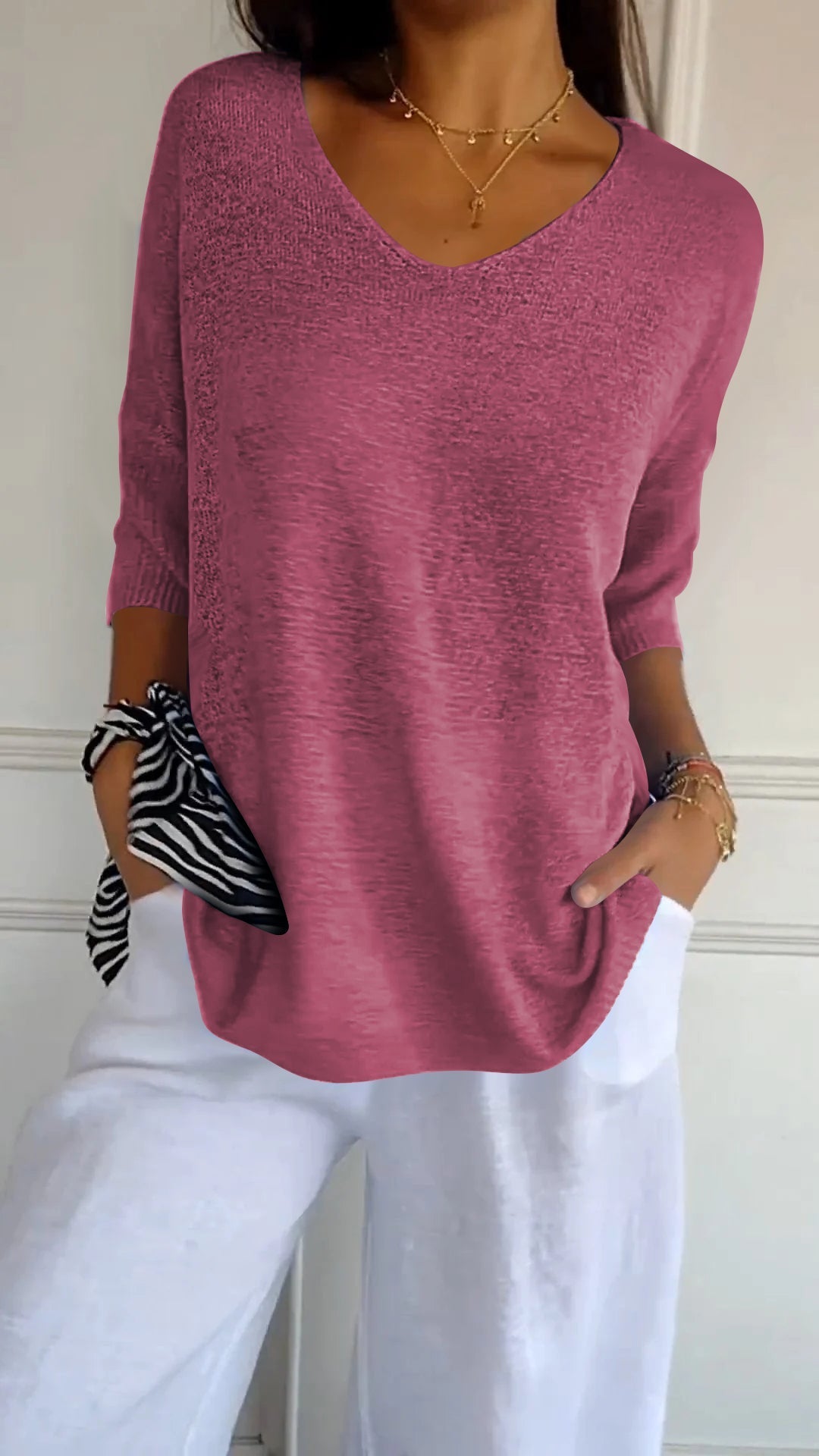 Top de Tricot Mulher | Decote V | Manga Longa, Estilo Casual