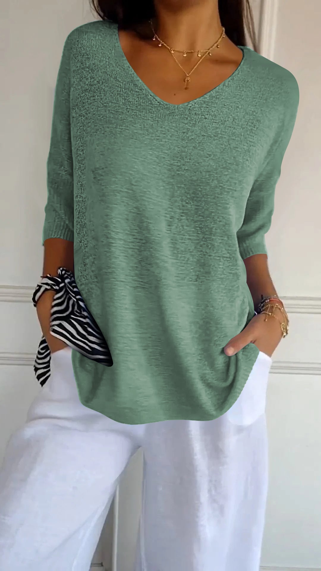 Top de Tricot Mulher | Decote V | Manga Longa, Estilo Casual