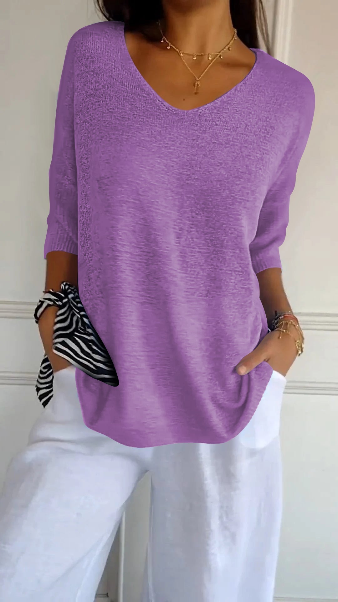 Top de Tricot Mulher | Decote V | Manga Longa, Estilo Casual