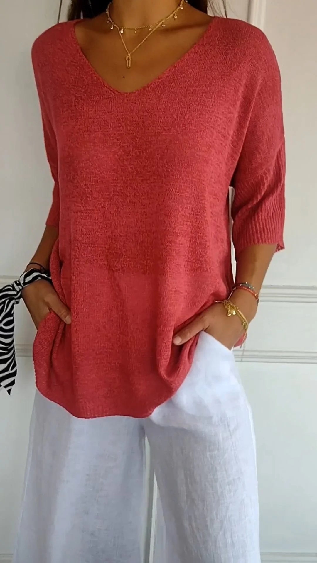 Top de Tricot Mulher | Decote V | Manga Longa, Estilo Casual