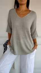 Top de Tricot Mulher | Decote V | Manga Longa, Estilo Casual