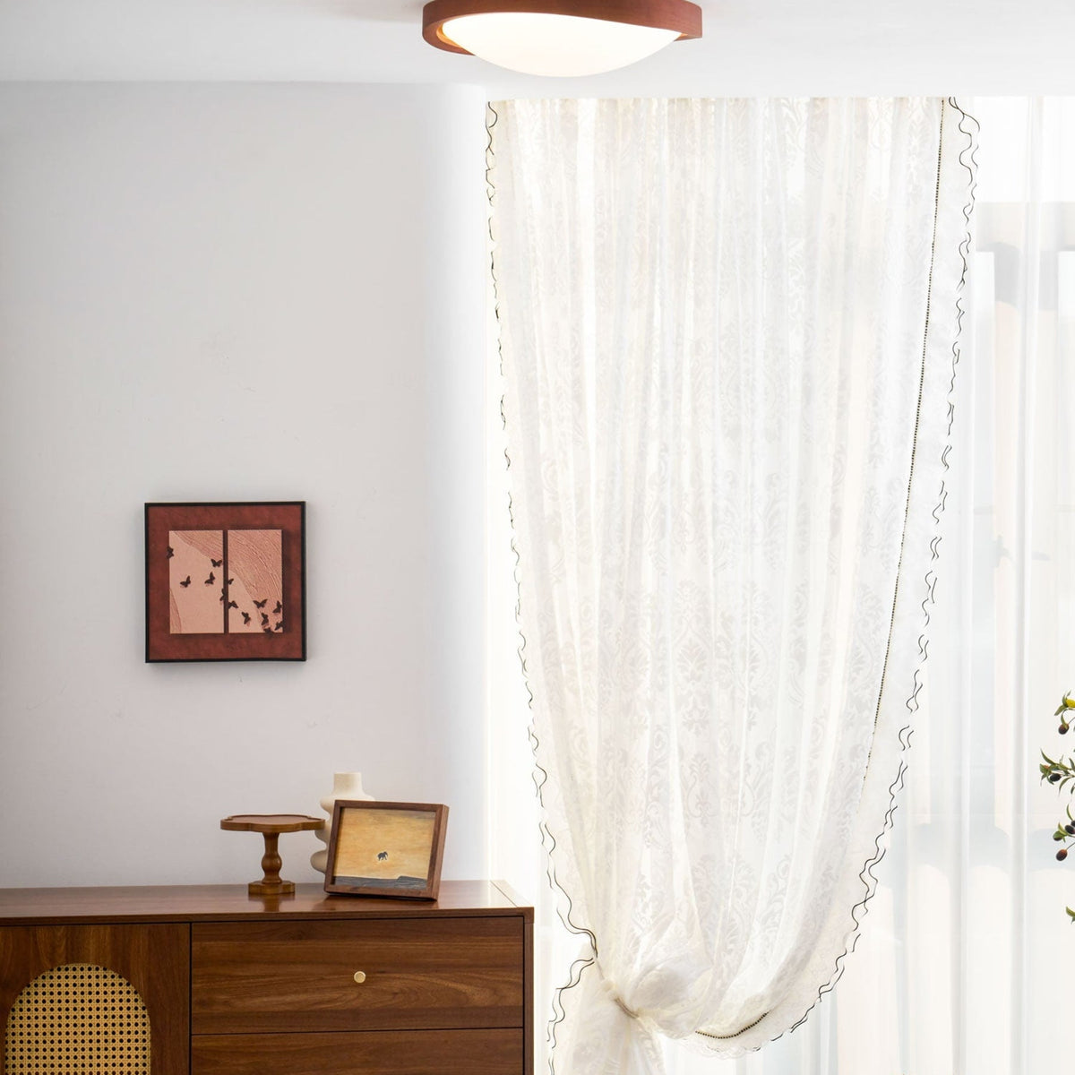 Veda | Candeeiro de Teto Flush | Efeito Madeira, Luz Tri-Cor | Tecido Moderno