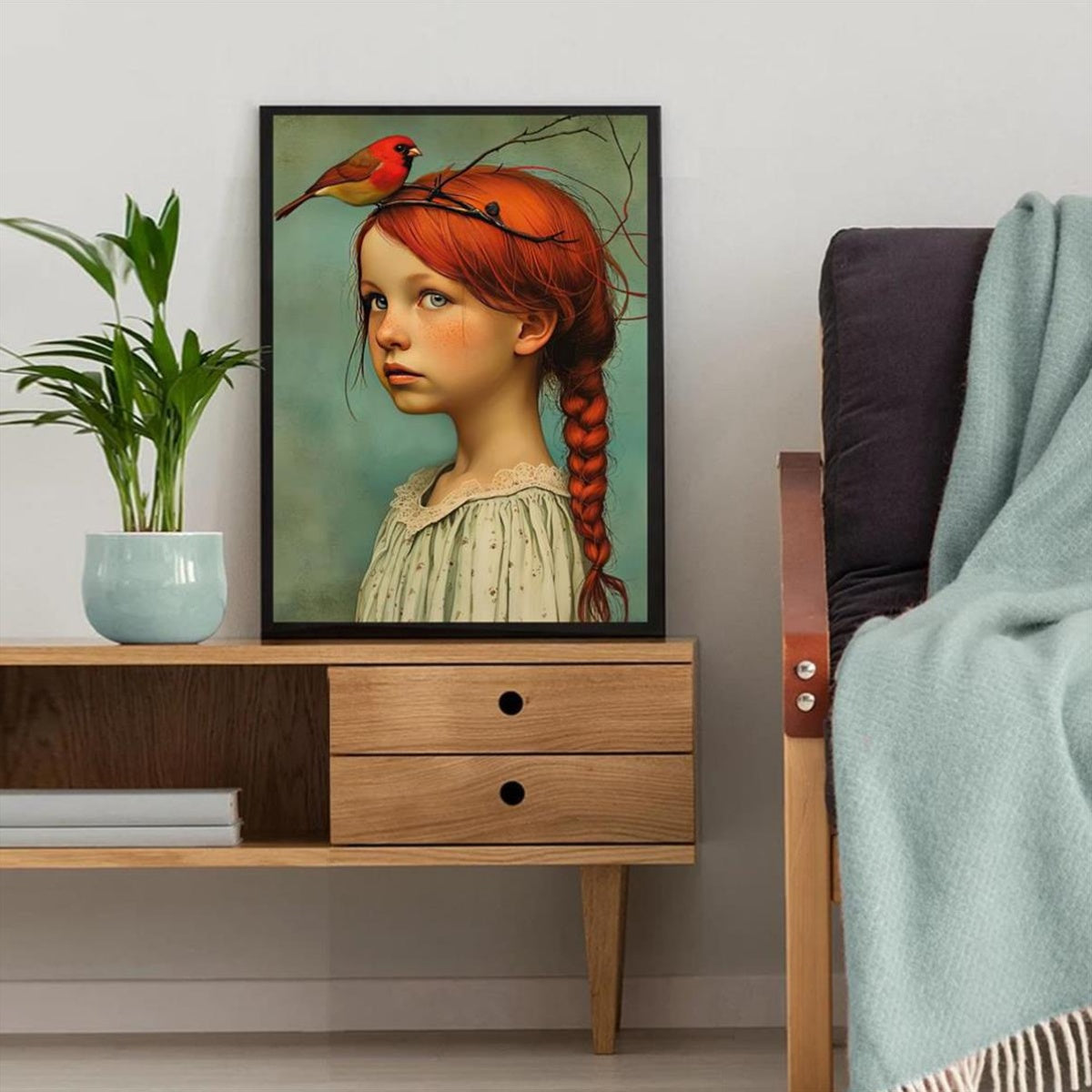 Bexcellent | Poster Canvas Art Deco | Retrato Rapariga e Cardeal | Sem Moldura, Decoração