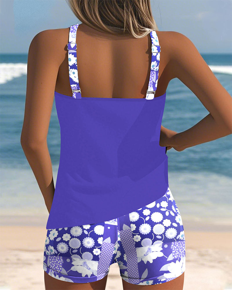 Bikini tankini feminino conjunto 2 peças estampado com shorts boxer