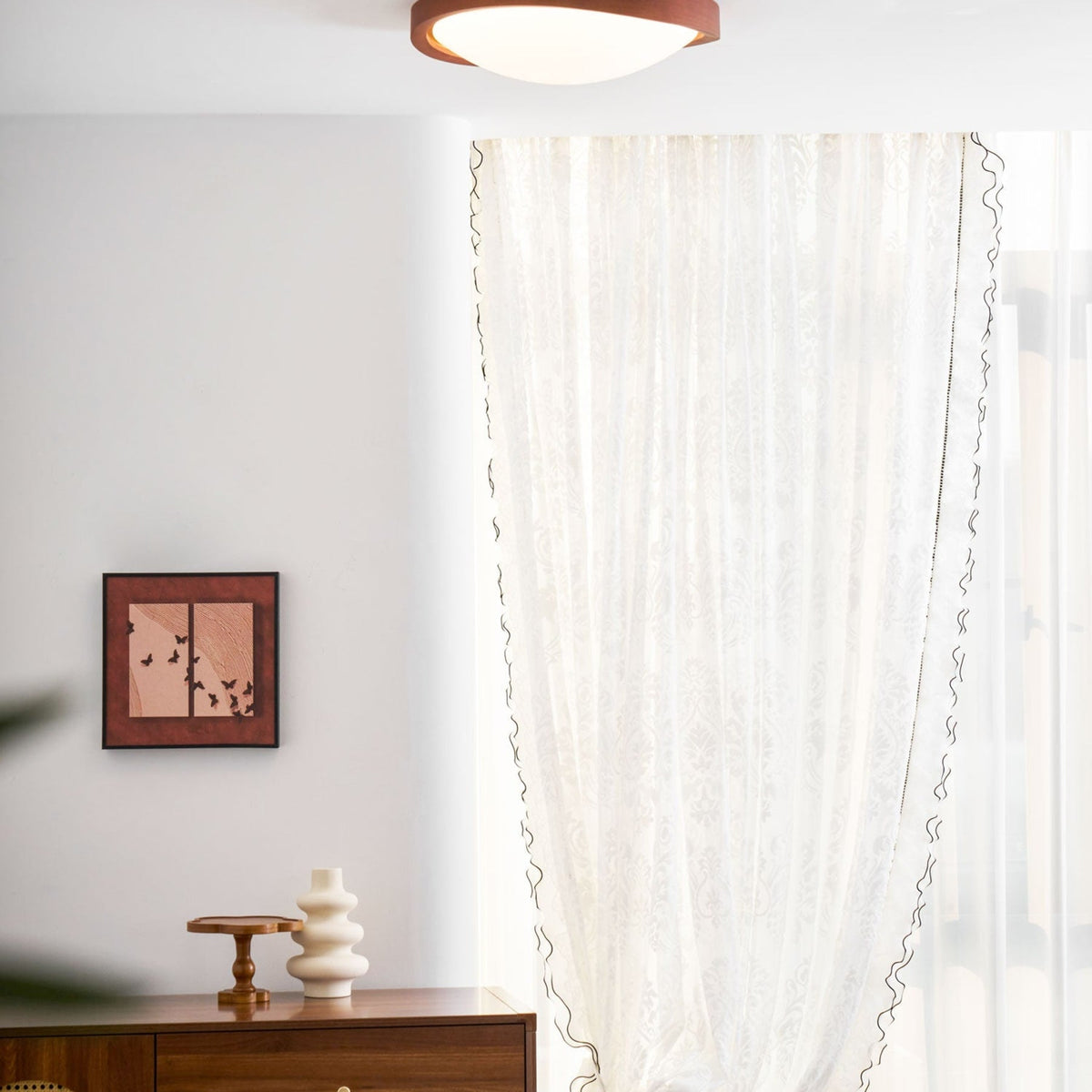 Veda | Candeeiro de Teto Flush | Efeito Madeira, Luz Tri-Cor | Tecido Moderno