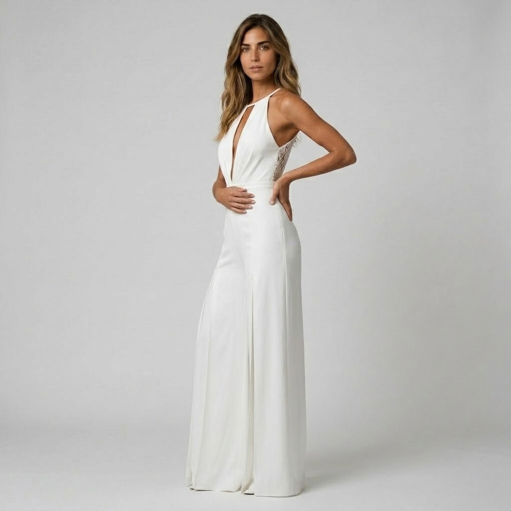 Macacão Longo Decote Halter | Branco, Corpo Ajustado | Feminino