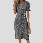 Talia | Vestido Midi Floral Feminino Decote V Mangas Bufantes
