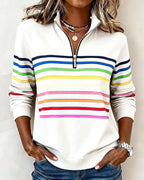 Pullover Feminino | Listrado, Gola com Zíper | Estilo Casual