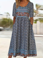 Ottoline | Vestido Midi Feminino Estampado Boho Decote Quadrado Manga Curta