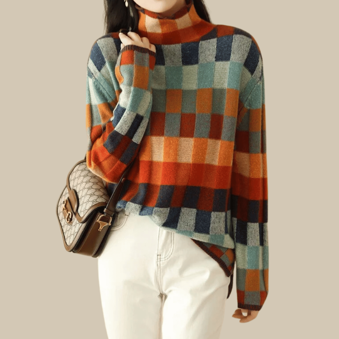 Mulher Camisola de Gola Alta Cashmere Patchwork