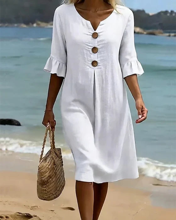 Vestido de Algodão e Linho para Mulher | Solto com Botões, Verão