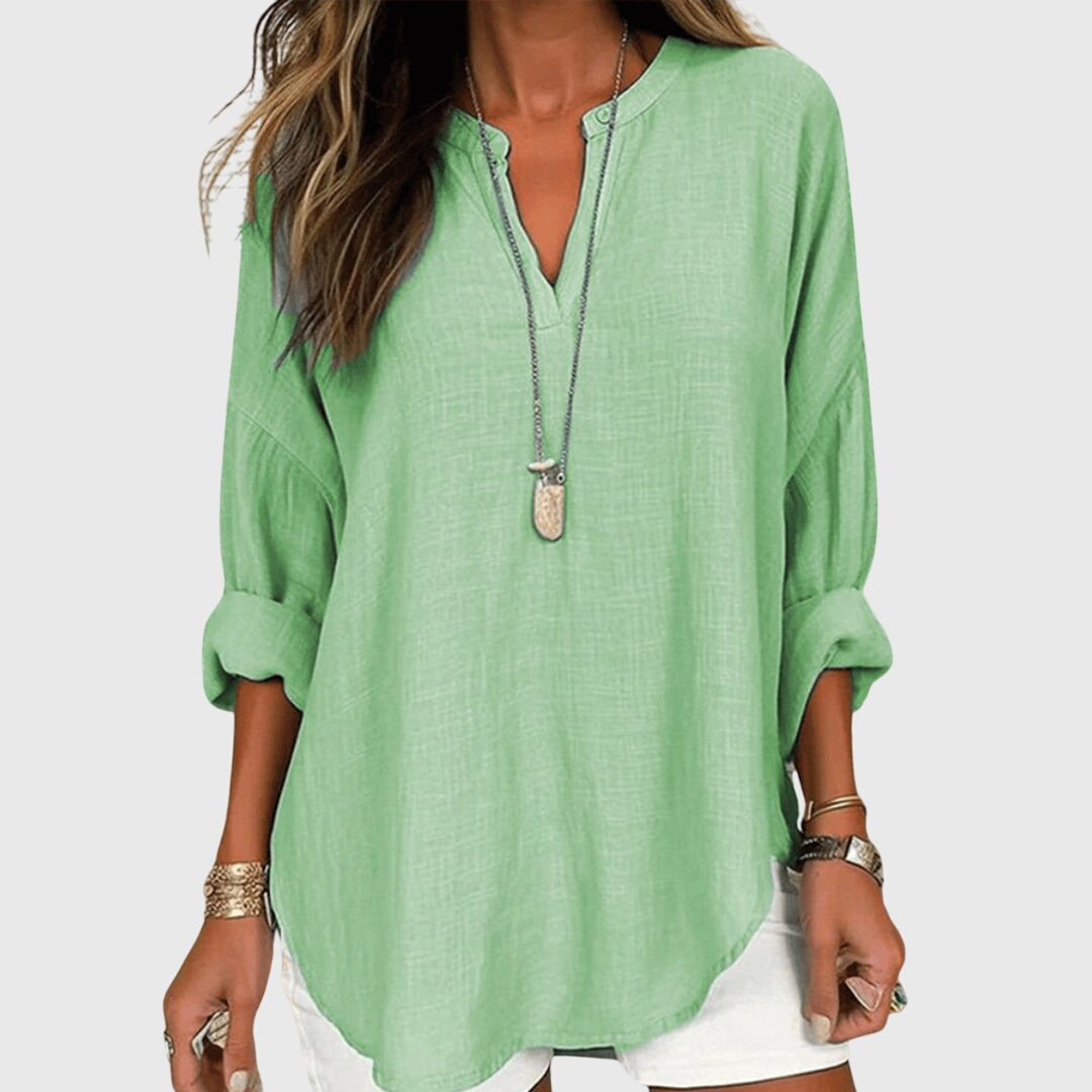 Valentina | Camisa Feminina Fluida Gola Redonda Manga Longa