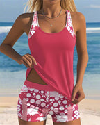 Bikini tankini feminino conjunto 2 peças estampado com shorts boxer