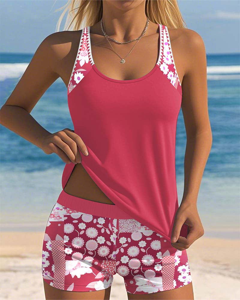 Bikini tankini feminino conjunto 2 peças estampado com shorts boxer