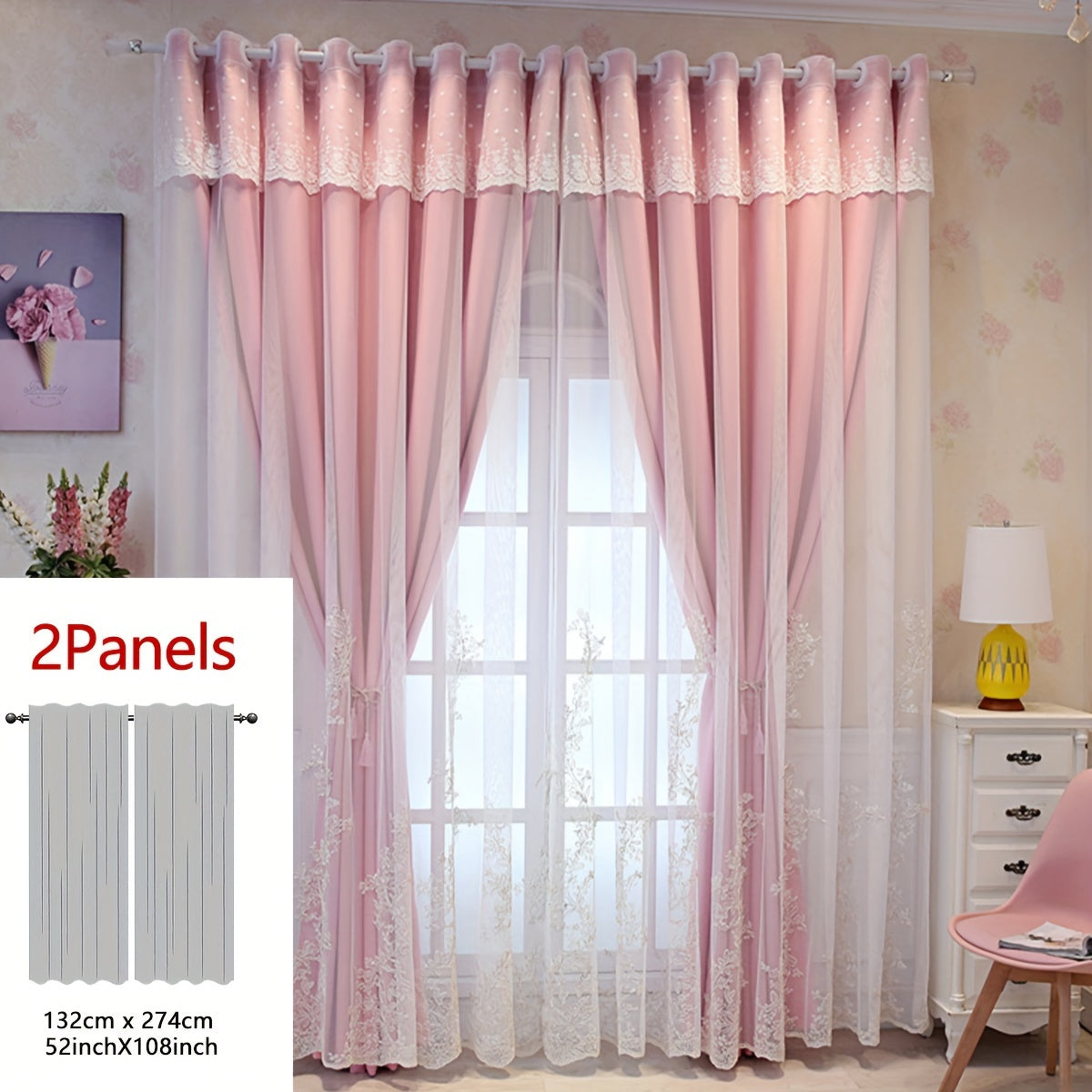 Reva | Cortinas Bordadas Fadas | Filtragem de Luz, Conjunto 2 Painéis | 100% Poliéster, Argolas
