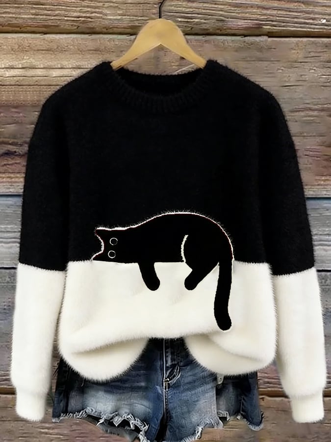 Wilhelmina | Camisola de Malha Color Block com Motivo de Gato